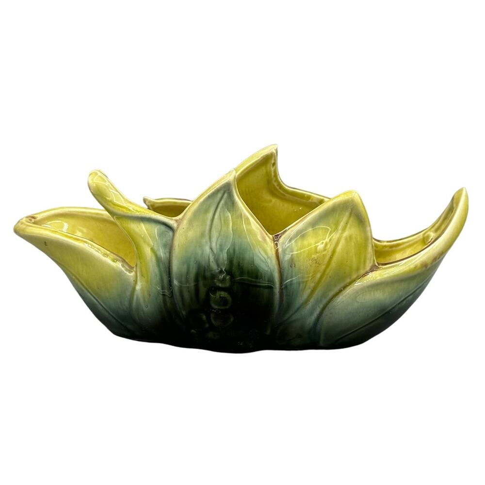 Vintage Hull Pottery Console Bowl Green and Yellow Leaf style Pattern Ceramic